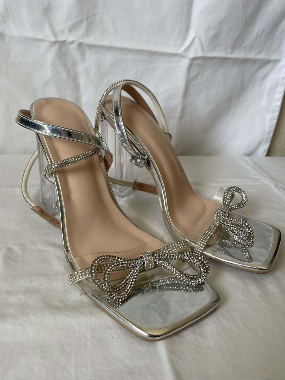 Silver Crystal Bow Clear Block Heel Sandals for Women